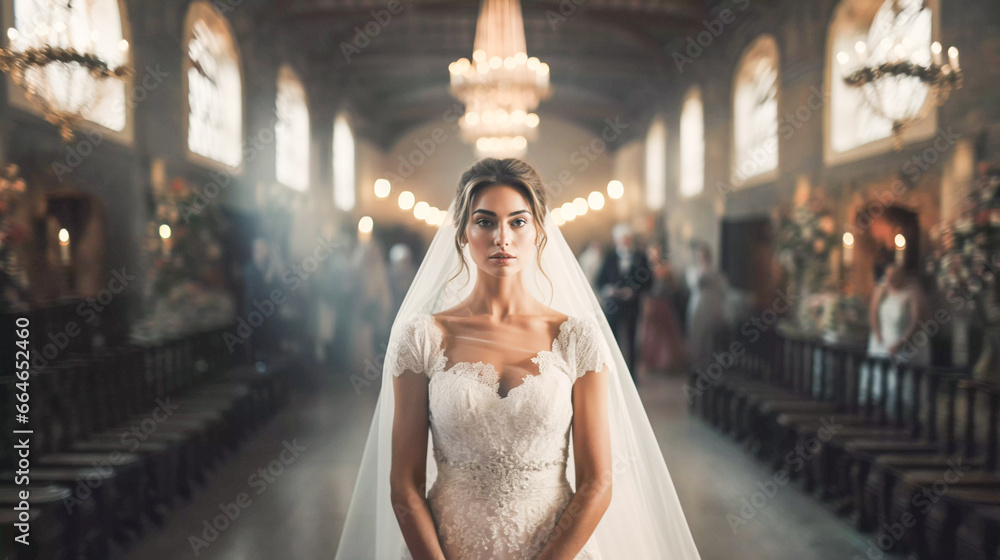 Naklejka premium Elegant Bride in Vintage Room with Soft Ambient Lighting