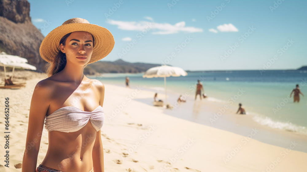 Captivating portrait of a woman highlighting the importance of skin care. With a serene beach backdrop
