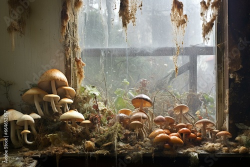Abundance of fungi on home wall, indicating dampness and condensation near the window. Generative AI