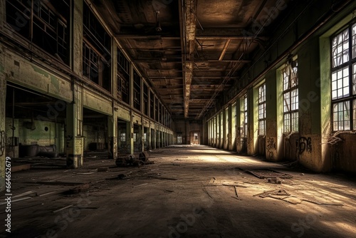 Dim, deserted factory interior. Generative AI