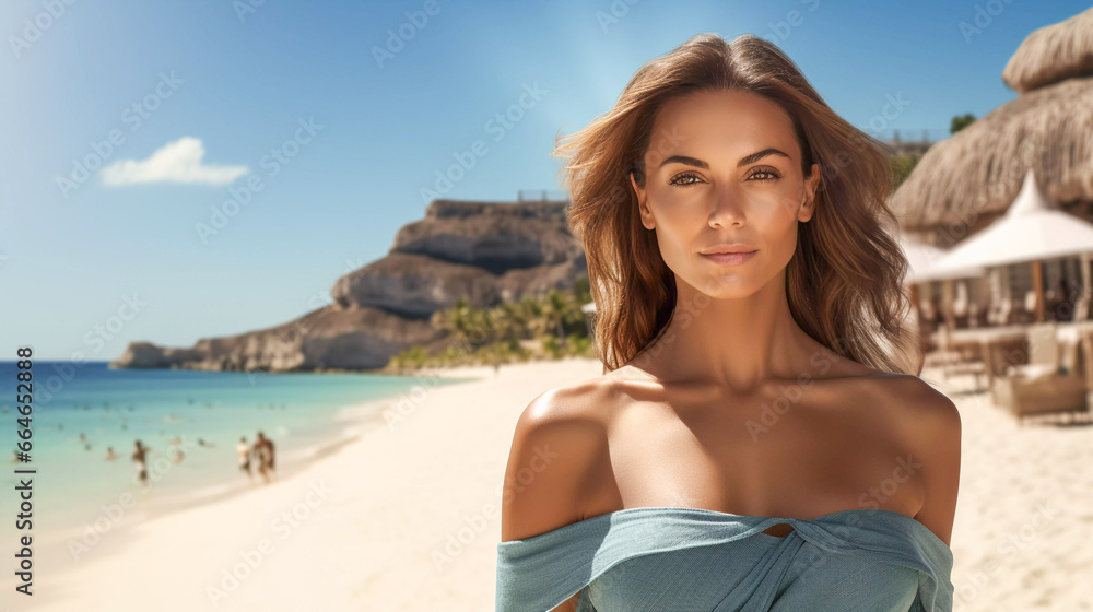 Captivating portrait of a woman highlighting the importance of skin care. With a serene beach backdrop