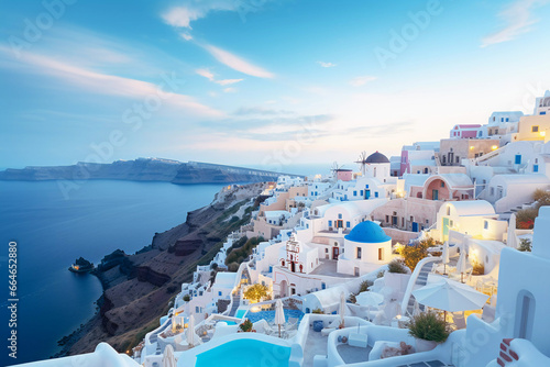 Sunset Serenity  Santorini s Iconic Blue Domes Overlooking the Aegean
