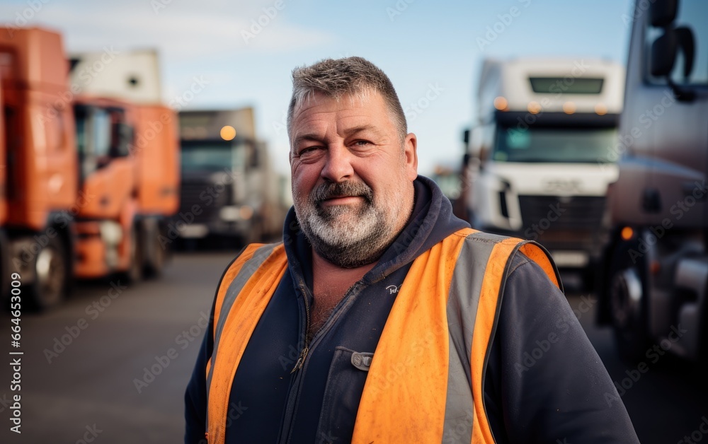 Handsome fat male lorry driver in front of lorries parking Handsome fat male lorry driver in front of lorries parking