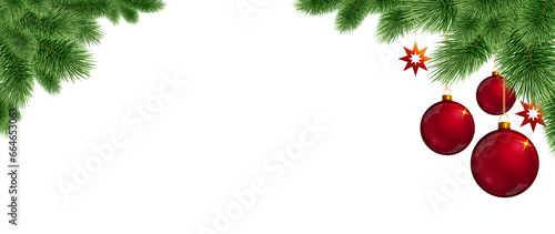 Christmas border with fir tree branches and red baubles .