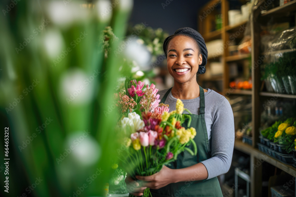Smiling black african american woman picking flowers in her flower shop