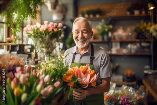 An elderly man holding a bouquet and smiling into the camera © PixelGallery