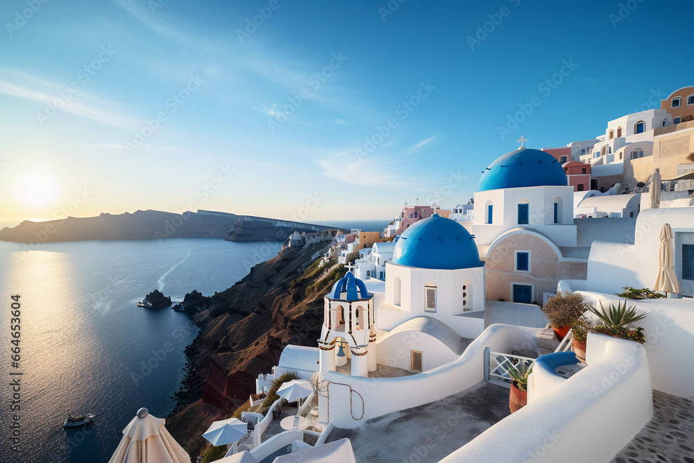 Fototapeta premium Sunset Serenity: Santorini's Iconic Blue Domes Overlooking the Aegean