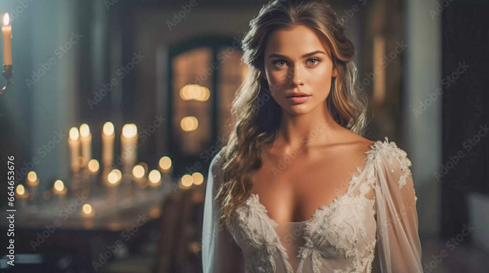 woman Enchanting Beauty in Candlelit Ballroom with Lace Gown woman Enchanting Beauty in Candlelit Ballroom with Lace Gown