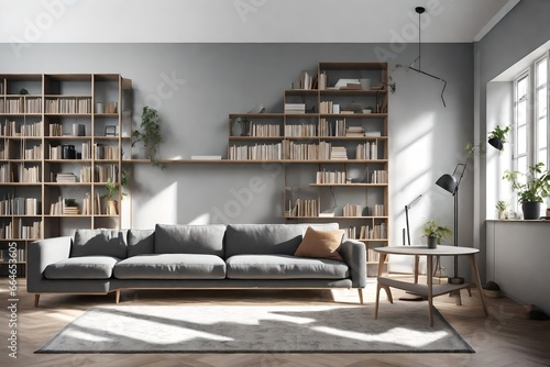 Grey sofa against window and book shelving unit. © Nabeel