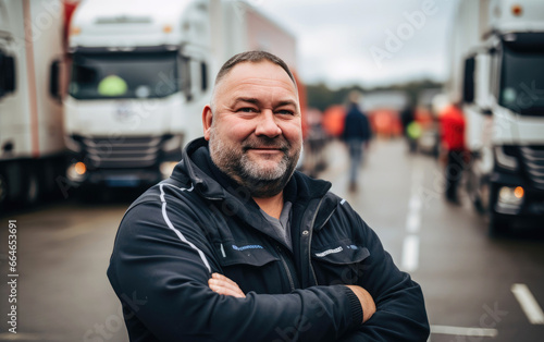 Handsome fat male lorry driver in front of lorries parking