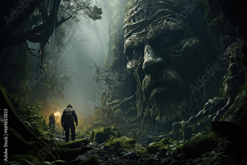 An ancient forest  where whispers of elusive creatures like Bigfoot and the Yeti continue to intrigue explorers. Generative Ai.