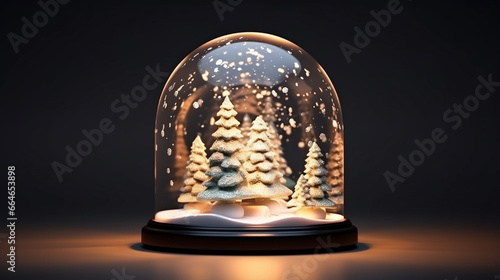 Christmas Snow globe, transparent glass dome with white snowdrift, glow garland, home. generative ai