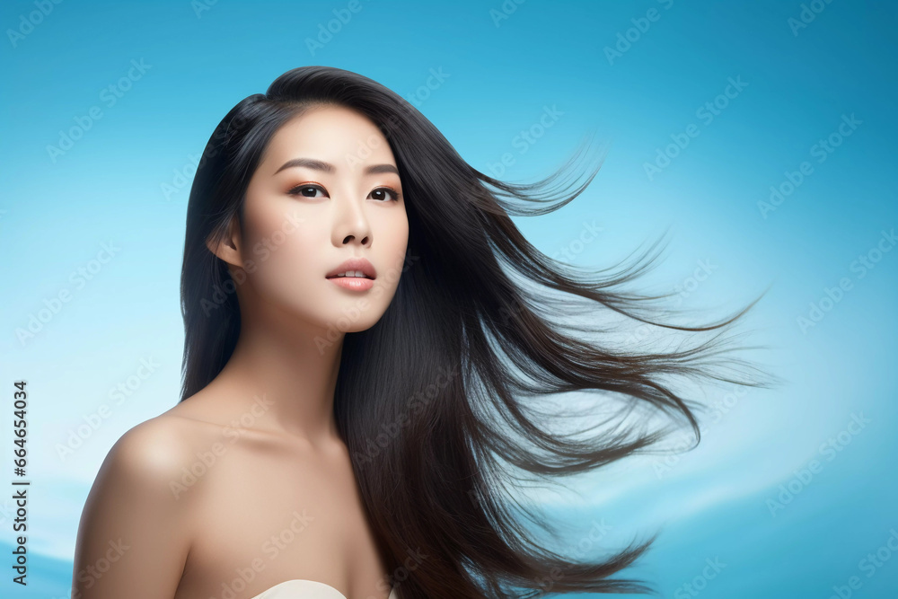 Elegant Asian Woman, Silky Hair on Blue Background. beauty products, shampoo and cosmetics Elegant Asian Woman, Silky Hair on Blue Background. beauty products, shampoo and cosmetics