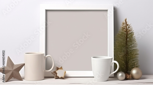 Christmas still life. Blank wooden picture frame mockup. Cup of coffee, pine tree. generative ai © Witri