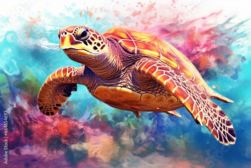 Watercolor illustration of a sea turtle in clear water. Crystalline seabed with vibrant reef life. Generative AI