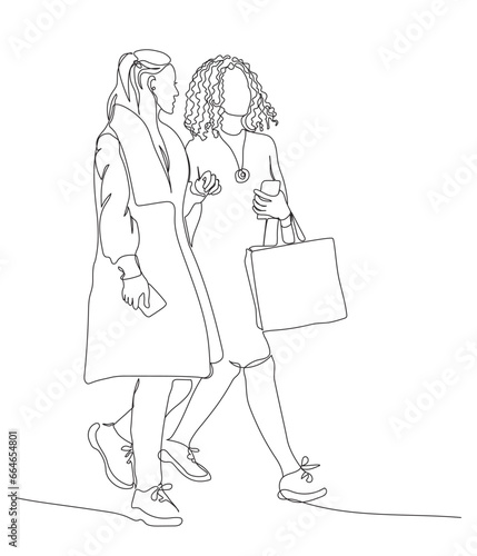 2 women walking. Holding shopping bag and mobile phones. Single line sketch. Black and white vector illustration in line art style.