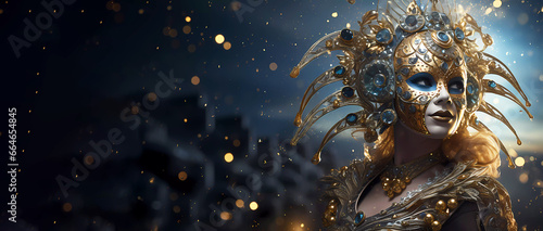 Carnival. A woman in a mask and carnival outfit. Gold. Background. Wallpaper. Banner. Generated AI. Photoshop improved