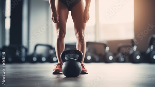 unrecognizable woman in the gym with a dumbbell. concept of new purpose, sport, wellness photo