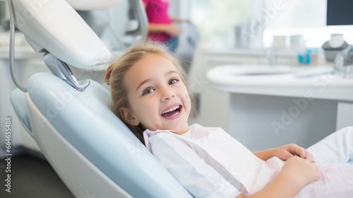 close-up of smiling girl kid at the dentist looking to a camera