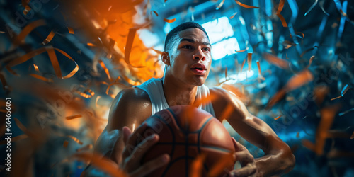 Dynamic image of a basketball player with a basketball during training © Kordiush