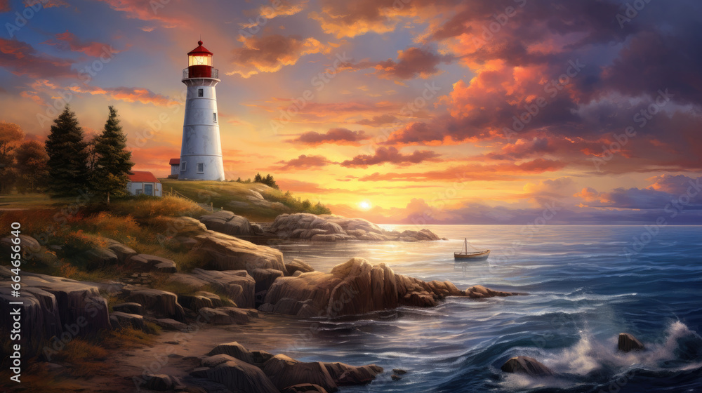 Sunset lighthouse on the seashore in a picturesque spot
