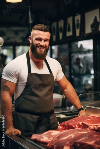Handsome happy muscular butcher posing in his own shop