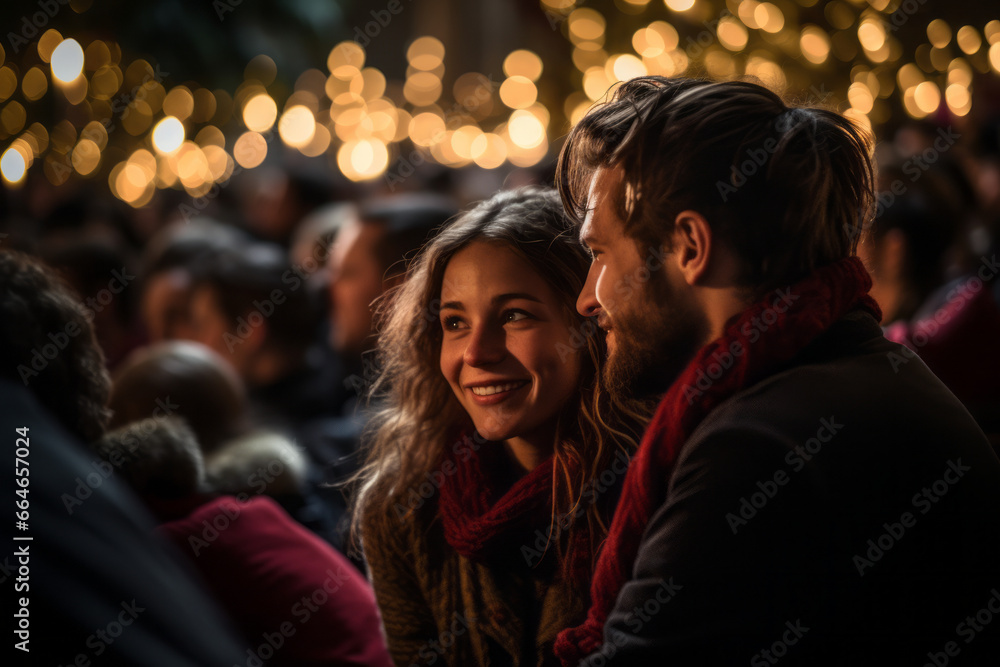 Young Couple at Night with People and Lights in the Background