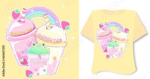 Kawaii sweet animal cute animal on yellow background for t shirt . Inspirational quote card, invitation, banner, lettering, poster. Cartoon character happy  tee preschool bubble tea