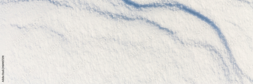 Fototapeta premium Beautiful winter background with snowy ground. Natural snow texture. Wind sculpted patterns on snow surface. Wide panoramic texture for background and design.