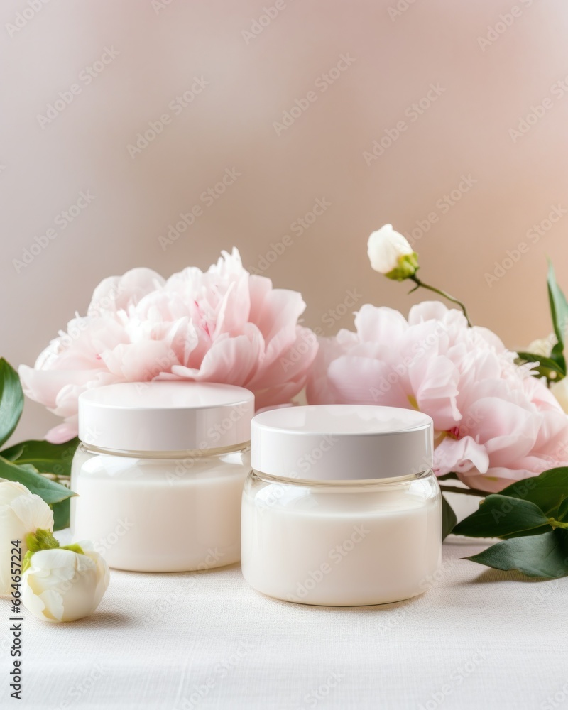 A collection of blank white cosmetic jars near blooming peonies A collection of blank white cosmetic jars near blooming peonies