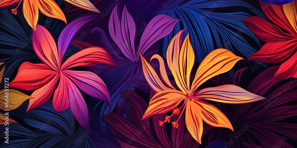 Tropical flowers Mid-Century abstract and artistic palm leaves on background Tropical flowers Mid-Century abstract and artistic palm leaves on background