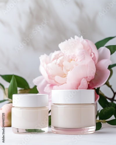 A collection of blank white cosmetic jars near blooming peonies