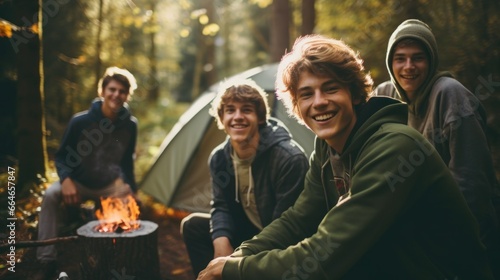 Young people camping in nature photo