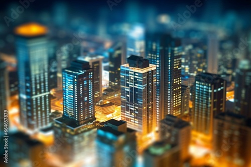 Nighttime cityscape blurred by lights, showcasing real estate theme. Generative AI