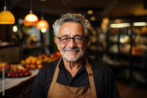 Portrait of friendly senior owner in apron standing in store