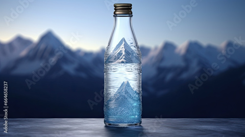 Glass bottle with pure mineral water on the background of blurred mountain ridges
