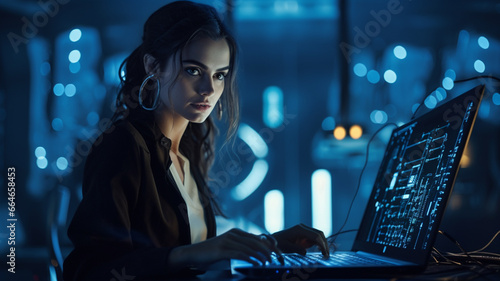 young businesswoman in night city with data interface. mixed media