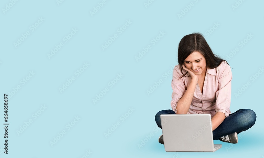 Fun young woman use modern gadget laptop Fun young woman use modern gadget laptop