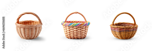 set of straw wicker classic retro basket for home bread and food or decoration and picnic concepts, empty colorful stylish basket set with isolated transparent png background photo