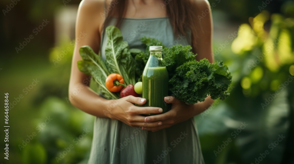 A mother presenting a blank green organic juice bottle near fresh green veggies