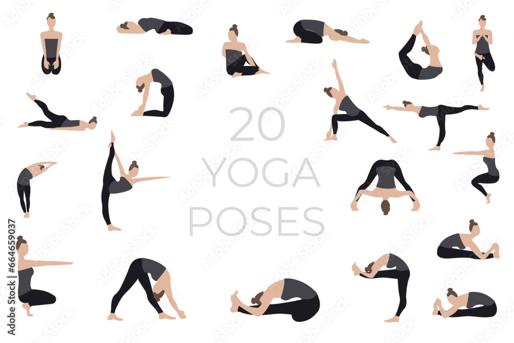 A young woman poses in a yoga pose. A version of the characters of yoga poses. A young woman poses in a yoga pose. A version of the characters of yoga poses.