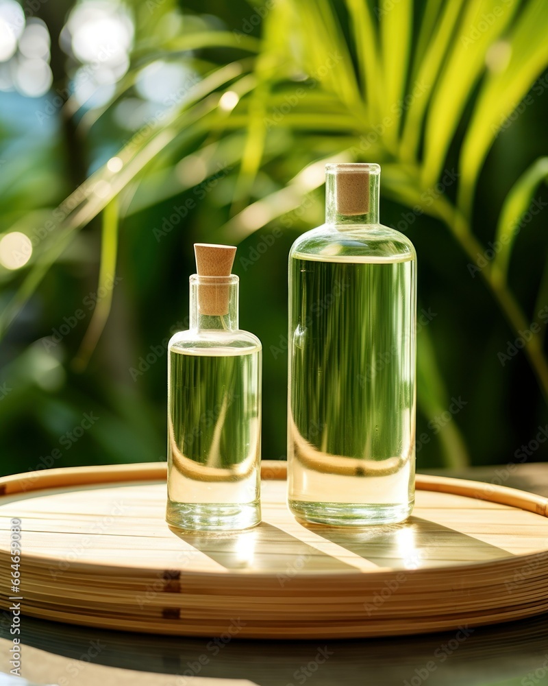 A set of blank clear glass skincare bottles near a tranquil bamboo A set of blank clear glass skincare bottles near a tranquil bamboo