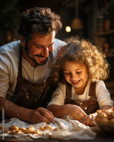 Father and daughter working with dough together in the kitchen © PixelPaletteArt