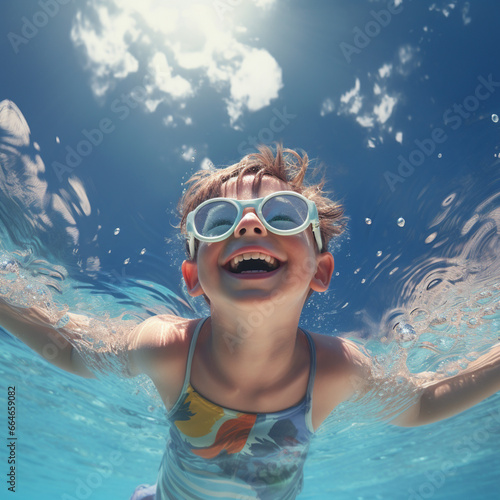 cute smiling boy swimming in pool