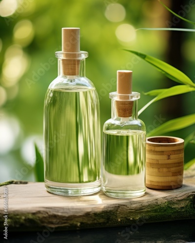 A set of blank clear glass skincare bottles near a tranquil bamboo