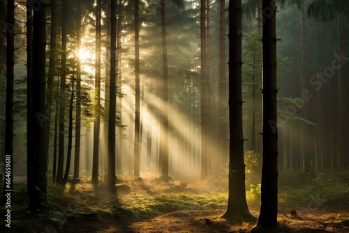 Forest sunrise with sunrays through trees in a misty atmosphere. Generative AI