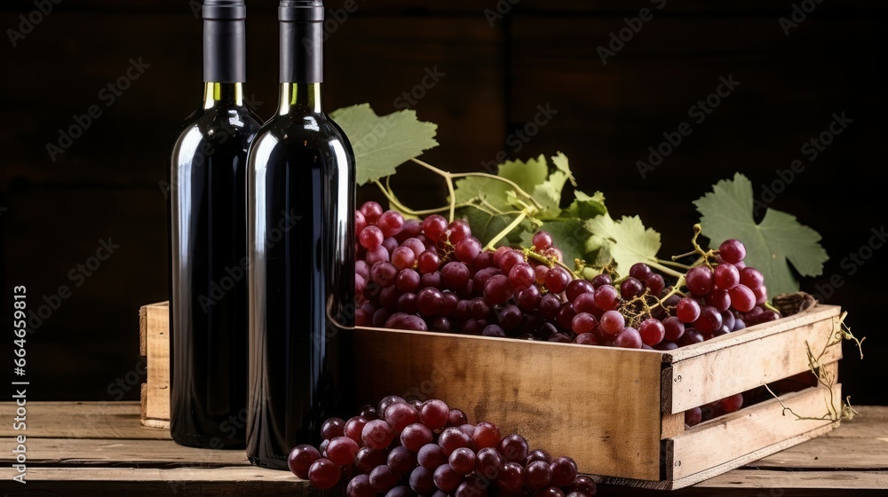 Blank sleek wine bottles near a rustic wooden crate and grapes