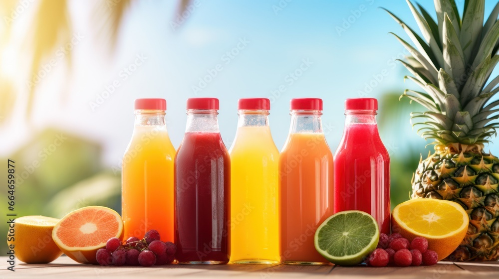Blank vibrant juice bottles amidst a spread of tropical fruits Blank vibrant juice bottles amidst a spread of tropical fruits