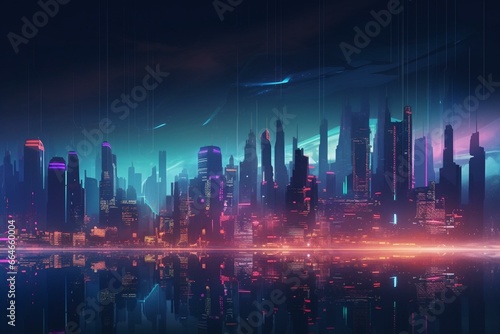 Nighttime cityscape with bright neon lights and futuristic tall buildings. Generative AI
