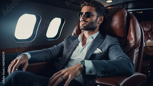 businessman in sunglasses using tablet computer sitting at jet plane in private private airport. © Vahagn